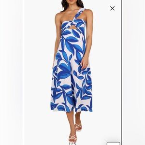 Petal & Pup Freddie Cutout One-Shoulder Midi Dress, white/blue, Small